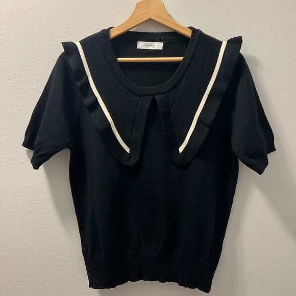 Tops - Black Ruffled Sailor Collar Blouse